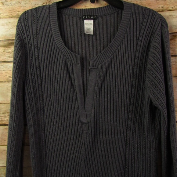 Venus Charcoal Knit V Neck Ribbed Sweater L Venus Charcoal Knit V Neck Ribbed Sweater L
